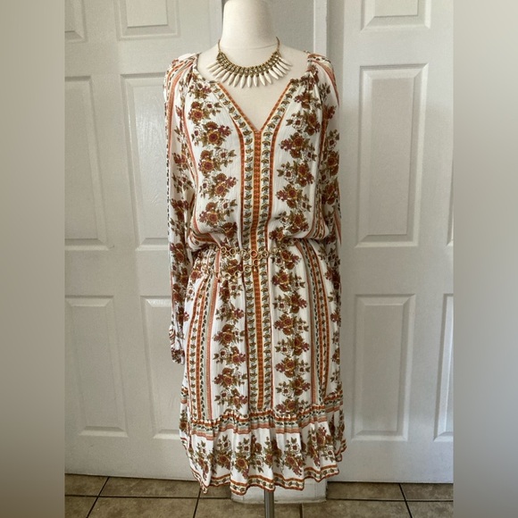 Loft Floral Stripe Split Neck Swing Dress size M - Picture 9 of 11